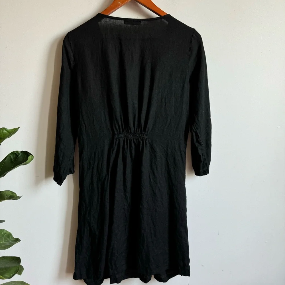Terzo Millenio Black Linen Cotton Mini Dress Size M Made In Italy V Neck - Picture 6 of 8